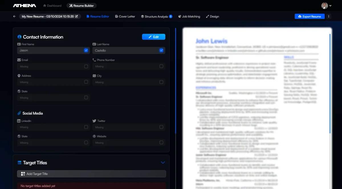 Athena resume builder preview