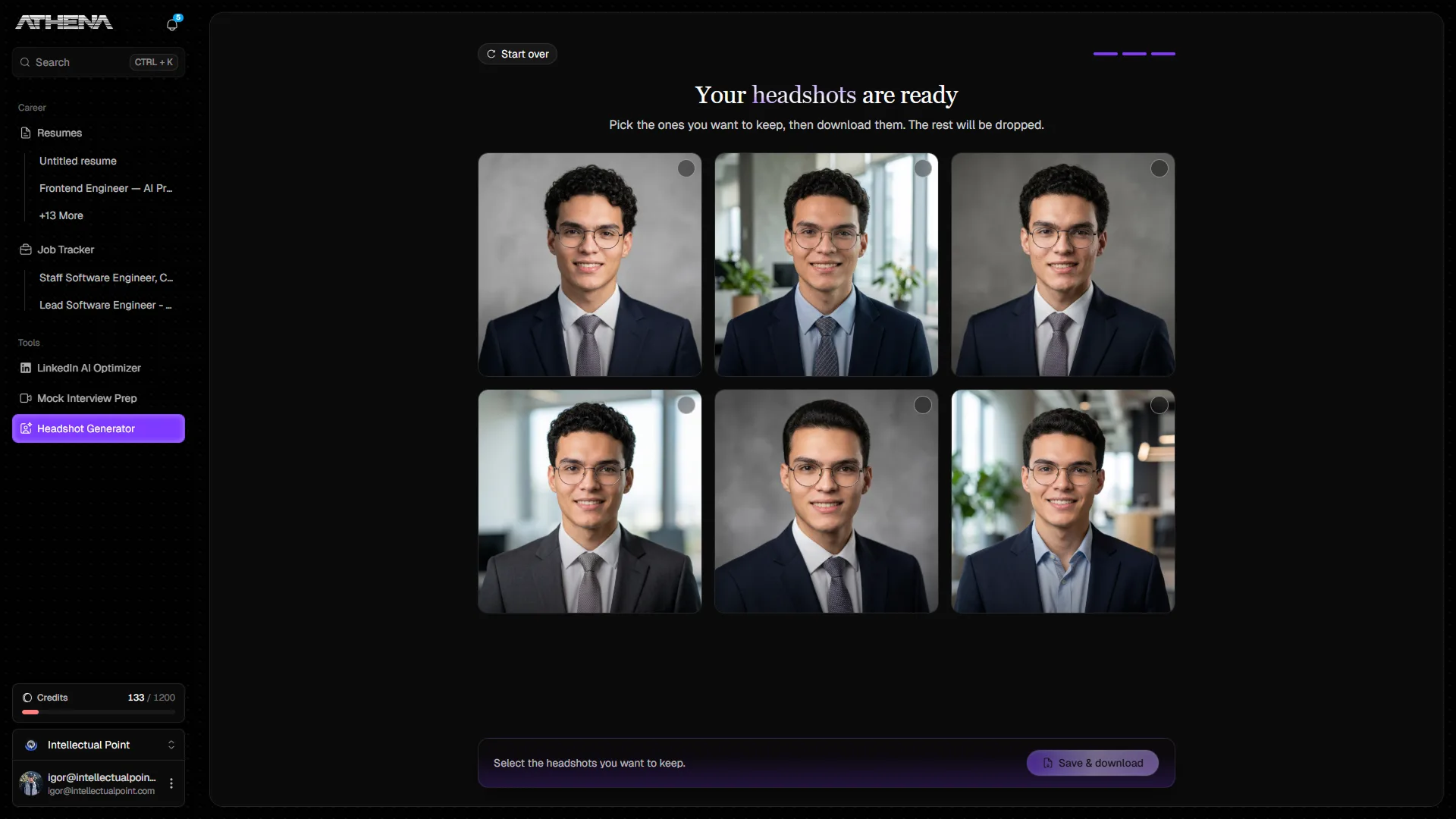 Athena's headshot generator with six finished portraits of the same person laid out in a grid, each on a different backdrop, ready to pick from and download