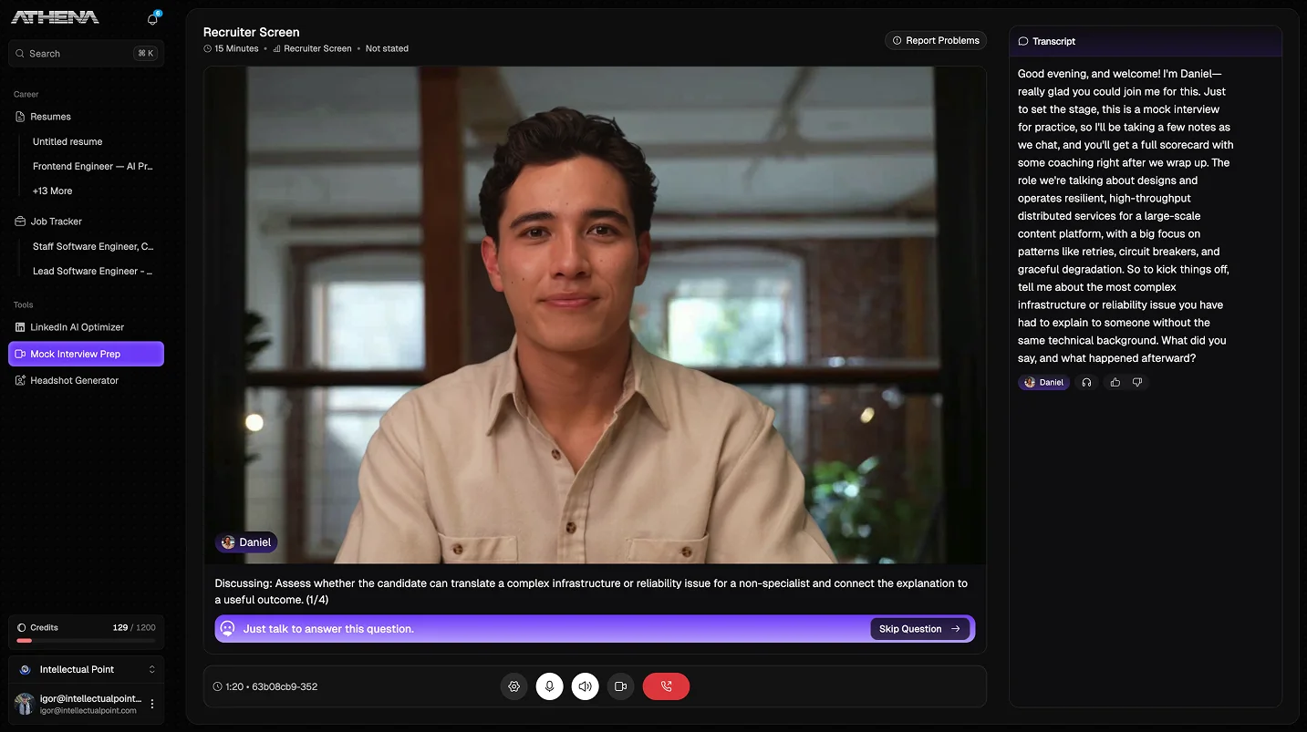 Athena's mock interview in progress: the AI interviewer on video asking a question built from the role, with the live transcript alongside and the current question's intent spelled out below