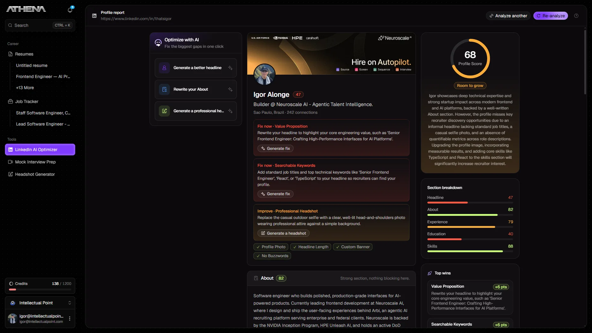 Athena's professional profile report: a profile scored 68 out of 100, with fixes listed for the headline, searchable keywords, and profile photo, and a section by section breakdown alongside