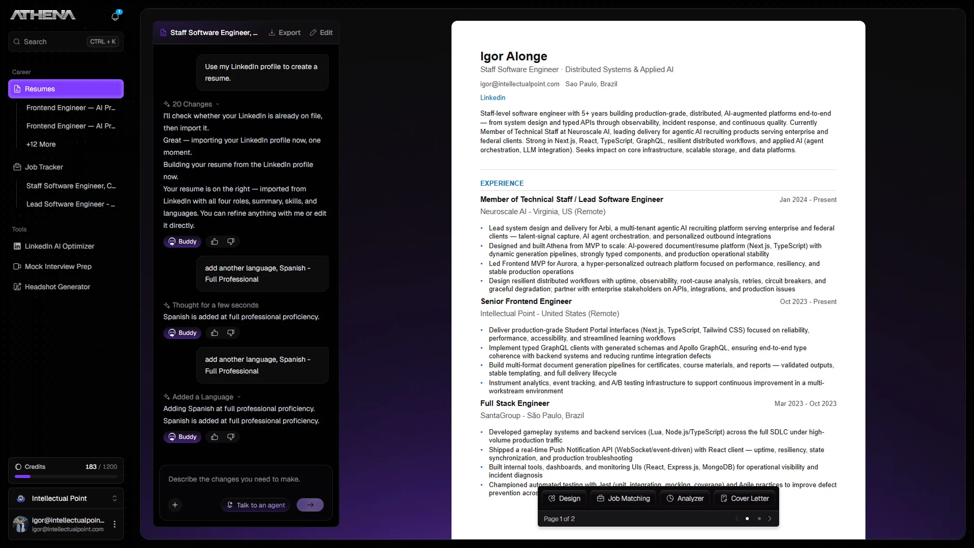 Athena's resume builder with the AI assistant importing a LinkedIn profile beside a live preview of the finished resume