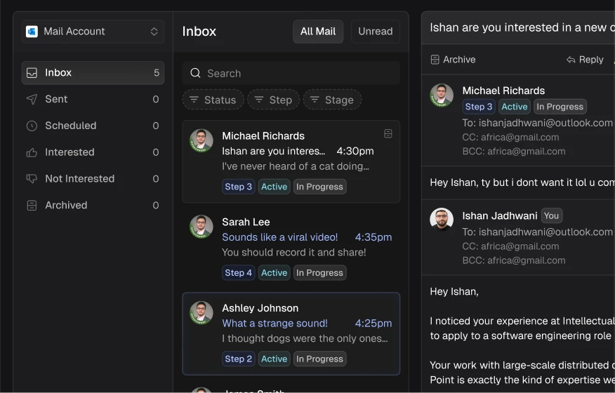 Arbi unified inbox showing candidate replies, scheduling, and conversation threads