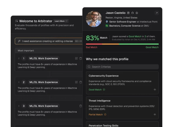 Arbi Arbitrator AI evaluation with 83% match score and criteria matching